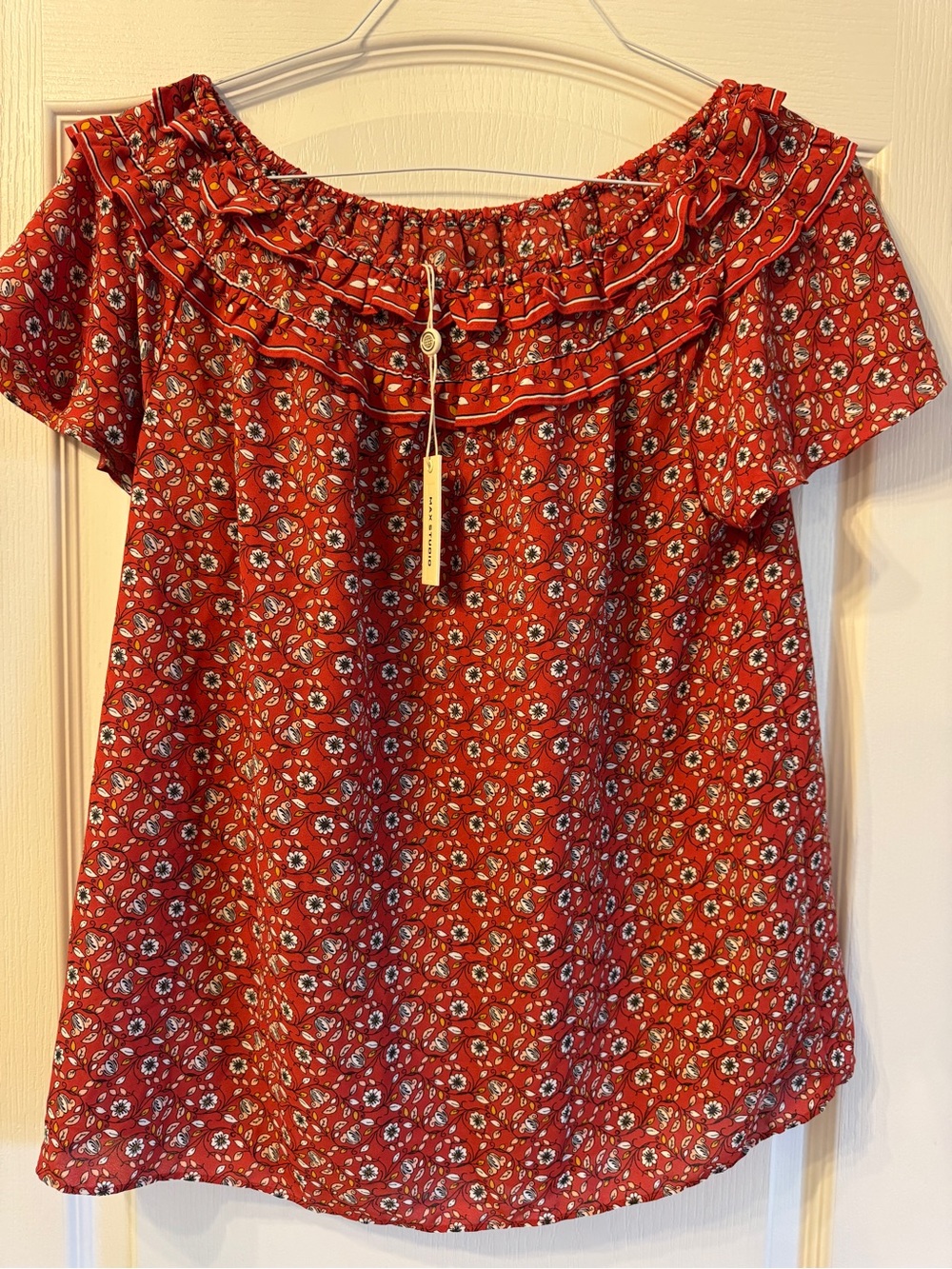 Max Studio Red Floral Off-the-Shoulder Ruffle Top